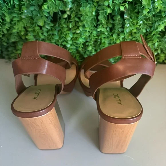 Aldo Priyah 1091435 Chestnut with Wood & Gold Block Heels Women's Size 11 - Picture 6 of 14